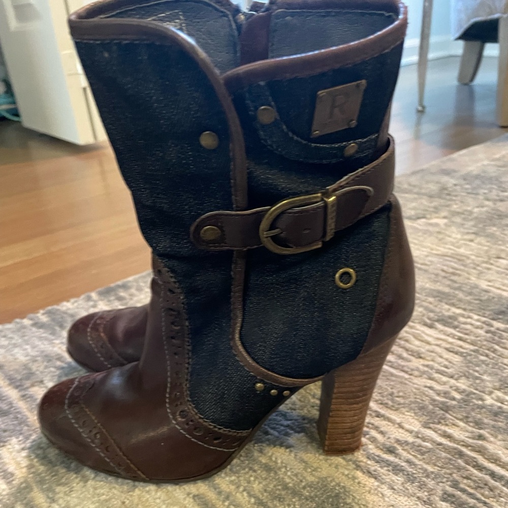 Unique denim and leather boots.  Size 8-fit like 7.5